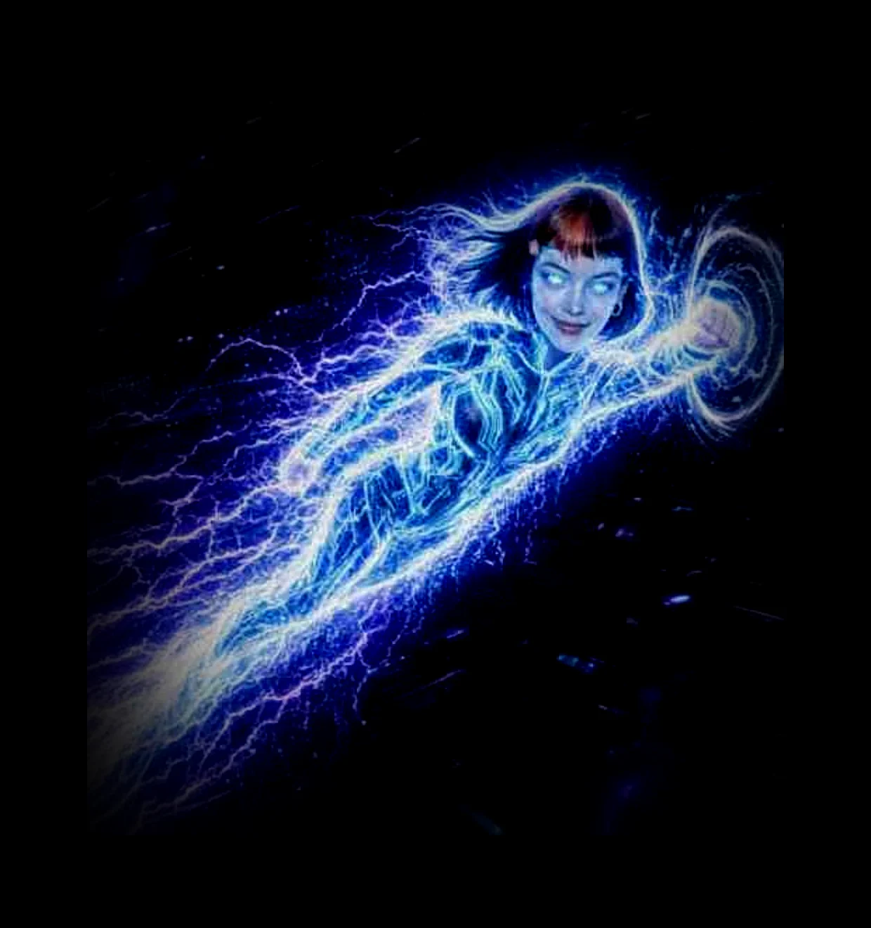 Claudia flying, made of lightning